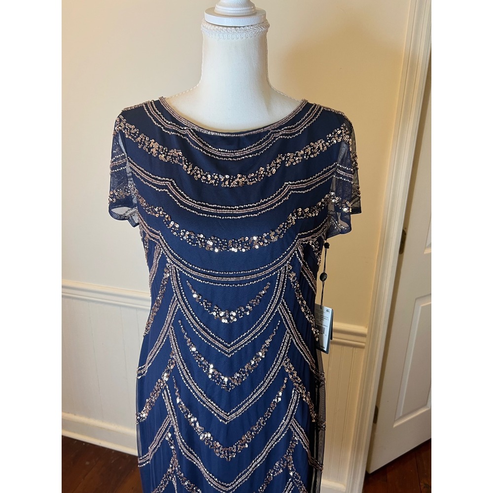 Adrianna Papell Navy Blue Sequin Beaded Art Deco Sheath Cocktail Dress NEW 10 - Picture 6 of 16